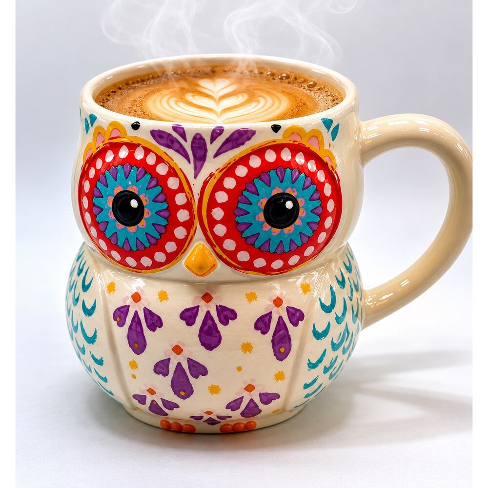 NATURAL LIFE Cream Owl Mug with Red, Turquoise & Purple Accents
